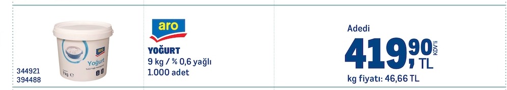 Aro Yoğurt 9 Kg / % 0,6 Yağlı 1.000 Adet