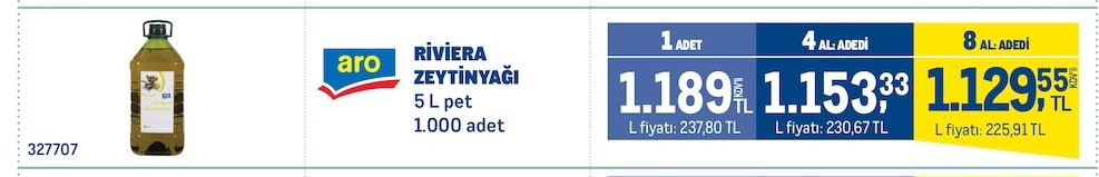 Aro Riviera Zeytinyağı 5 L Pet 1.000 Adet