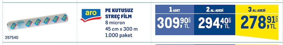Aro Pe Kutusuz Streç Film 8 Micron 45 Cm X 300 M 1.000 Paket