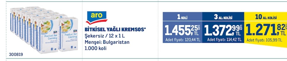 Aro Bitkisel Yağli Kremas Sekersiz / 12 X 1 L