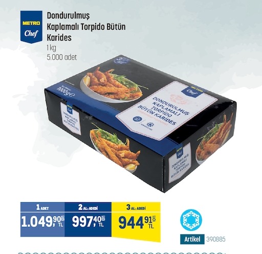 Metro Chef Dondurulmuş Kaplamalı Torpido Bütün Karides 1Kg