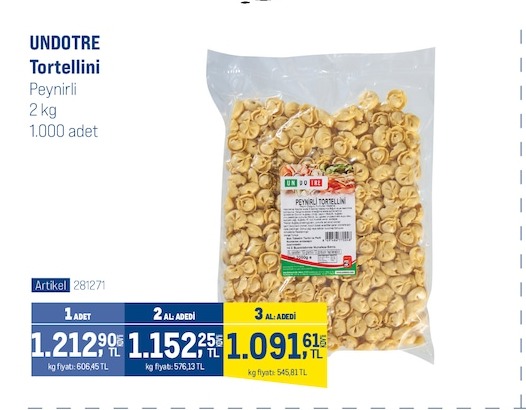 Undotre Tortellini Peynirli 2Kg