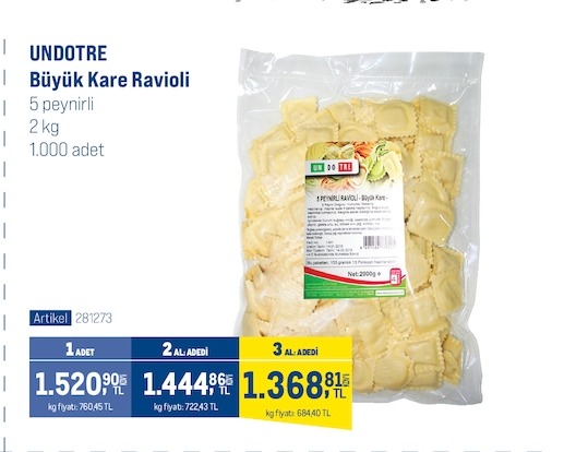 Undotre Büyük Kare Ravioli 5 Peynirli 2Kg