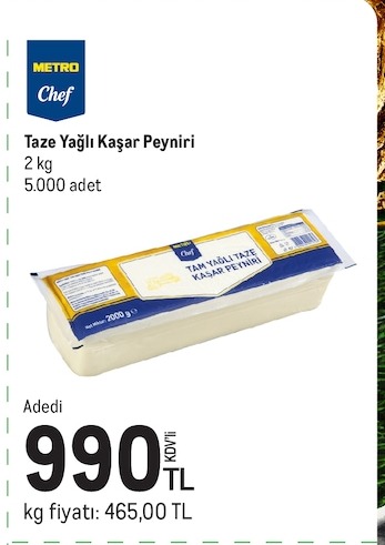 Metro Chef Taze Yağlı Kaşar Peyniri 2Kg