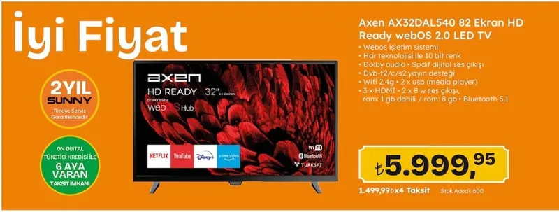 Axen Ax32Dal540 82 Ekran Hd Ready Webos 2.0 Led Tv