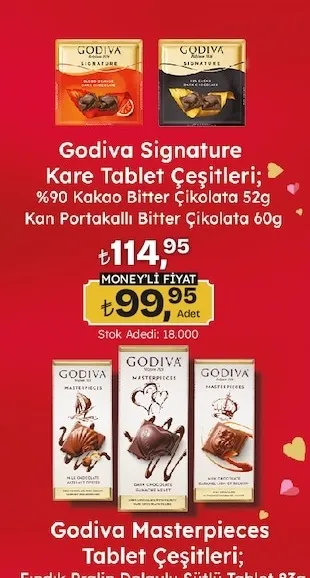 Godiva Signature Kare Tablet Çeşitleri; %90 Kakao Bitter Çikolata 52G Kan Portakallı Bitter Çikolata 60G