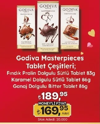 Godiva Masterpieces Tablet Çeşitleri; Fındık Pralin Dolgulu Sütlü Tablet 83G Karamel Dolgulu Sütlü Tablet 86G Ganaj Dolgulu Bitter Tablet 86G
