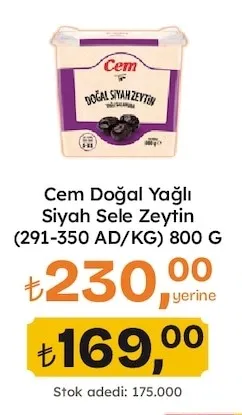Cem Doğal Yağlı Siyah Sele Zeytin (291-350 Ad/Kg) 800 G