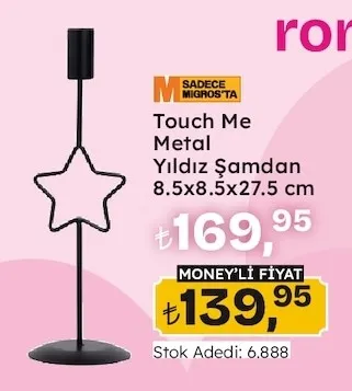 Touch Me Metal Yıldız Şamdan 8.5X8.5X27.5 Cm