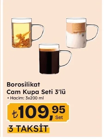 Borosilikat Cam Kupa Seti 3'Lü