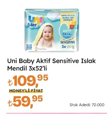 Uni Baby Aktif Sensitive Islak Mendil 3X52'Li