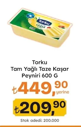 Torku Tam Yağlı Taze Kaşar Peyniri 600 G