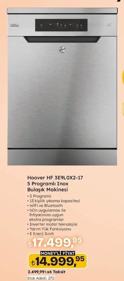 Hoover Hf 3E9Lox2-17 5 Programlı Inox Bulaşık Makinesi