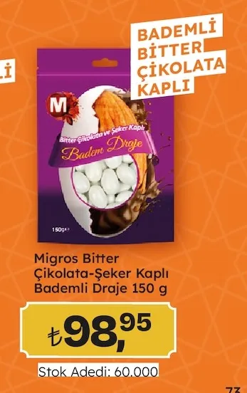 Migros Bitter Çikolata-Şeker Kaplı Bademli Draje 150 G