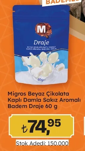 Migros Beyaz Çikolata Kaplı Damla Sakız Aromalı Badem Draje 60 G