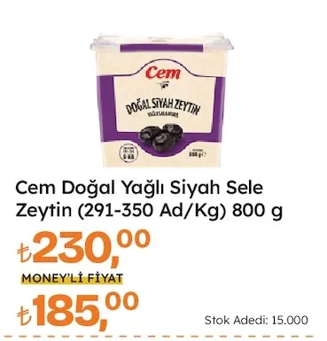 Cem Doğal Yağlı Siyah Sele Zeytin (291-350 Ad/Kg) 800 G