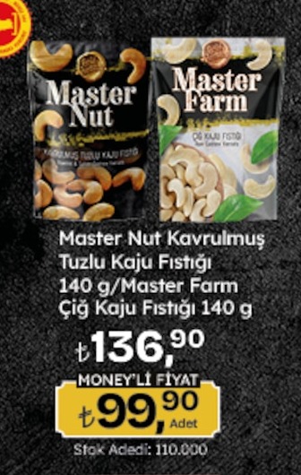 Master Nut Kavrulmuş Tuzlu Kaju Fıstığı 140 G Master Farm Çiğ Kaju Fıstığı 140 G