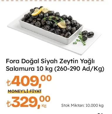 Fora Doğal Siyah Zeytin Yağlı Salamura 10 Kg (260-290 Ad/Kg)
