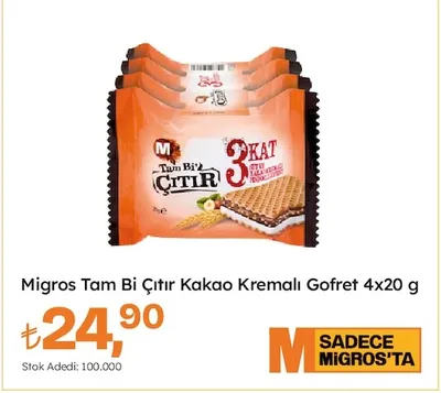Migros Tam Bi Çıtır Kakao Kremalı Gofret 4X20 G