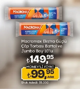 Macromax Ekstra Güçlü Çöp Torbası Battal Ve Jumbo Boy 10'Lu