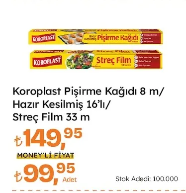 Koroplast Pişirme Kağıdı 8 M/ Hazır Kesilmiş 16'Lı/ Streç Film 33 M