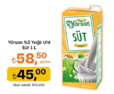 Yörsan %3 Yağlı Uht Süt 1 L