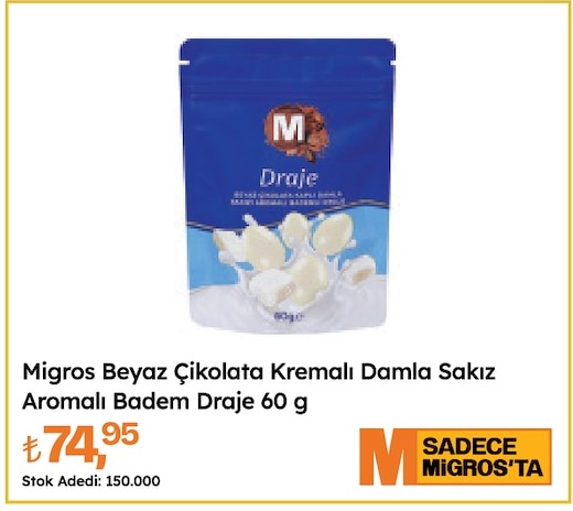 Migros Beyaz Çikolata Kremalı Damla Sakız Aromalı Badem Draje 60 G