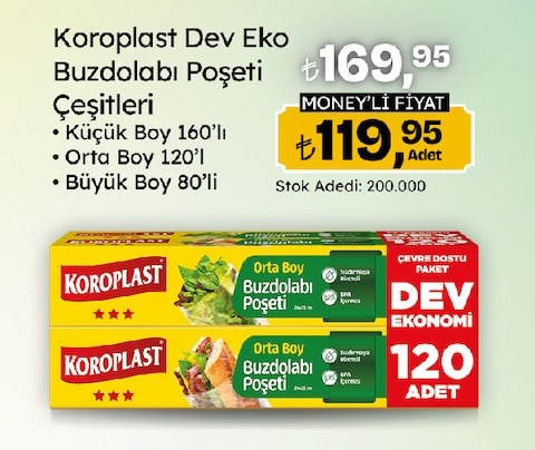 Koroplast Dev Eko Buzdolabı Poşeti Çeşitleri - Orta Boy 120'Li