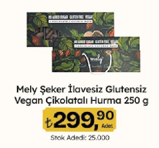 Mely Şeker İlavesiz Glutensiz Vegan Çikolatalı Hurma 250 G