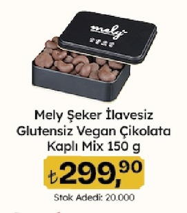Mely Şeker İlavesiz Glutensiz Vegan Çikolata Kaplı Mix 150 G