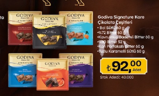 Godiva Signature Kare Çikolata Çeşitleri (Bol Sutlu 60 G, %72 Bitter 60 G, Kavrulmus Bademli Bitter 60 G, %90 Bitter 52 G, Kan Portakalli Bitter 60 G, Tuzlu Karamelli Sutlu 60 G)