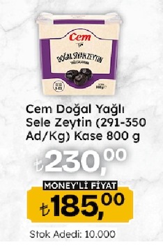 Cem Doğal Yağlı Sele Zeytin (291-350 Ad/Kg) Kase 800 G