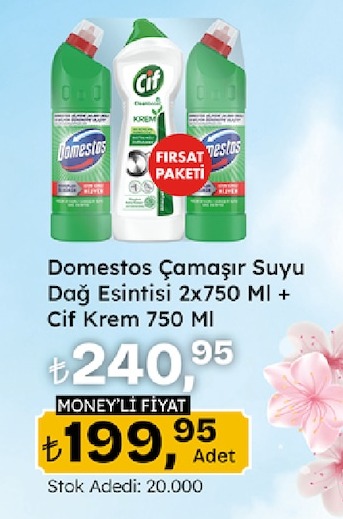 Domestos Çamaşır Suyu Dağ Esintisi 2X750 Ml + Cif Krem 750 Ml