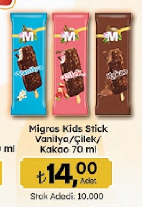 Migros Kids Stick Vanilya/Çilek/Kakao 70Ml