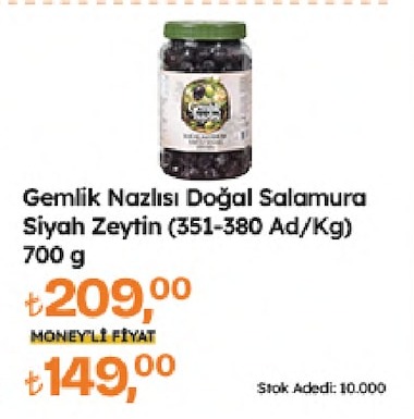 Gemlik Nazlısı Doğal Salamura Siyah Zeytin (351-380 Ad/Kg) 700 G