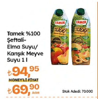 Tamek %100 Şeftali-Elma Suyu/Karışık Meyve Suyu 1 L