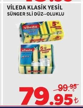 Vileda Klasik Yeşil Sünger 5Li Düz--Oluklu