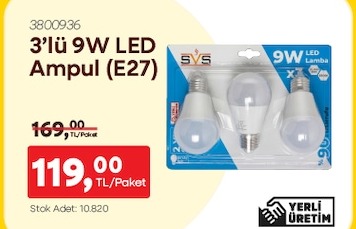 3'Lü 9W Led Ampul (E27)