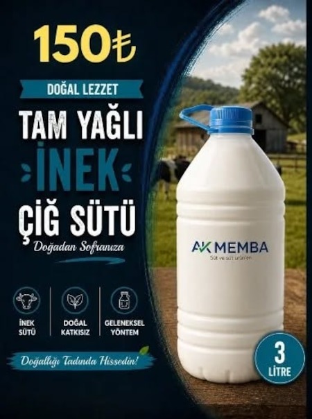 Ak Memba Tam Yagli İnek Çiğ Sütü 3 Litre