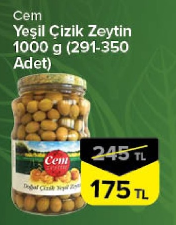 Cem Yeşil Çizik Zeytin 1000 G (291-350 Adet)