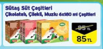 Sütaş Süt Çeşitleri Çikolatalı, Çilekli, Muzlu 6X180 Ml