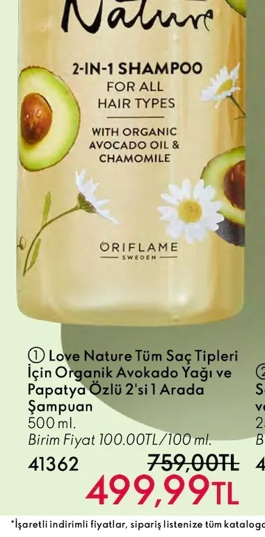 Love Nature Tüm Saç Tipleri İçin Organik Avokado Yağı Ve Papatya Özlü 2'Si 1 Arada Şampuan 500 Ml