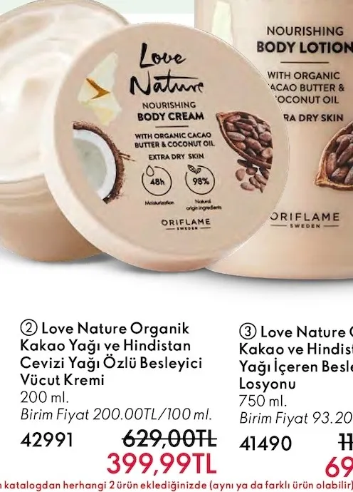 Love Nature Organik Kakao Yağı Ve Hindistan Cevizi Yağı Özlü Besleyici Vücut Kremi 200 Ml