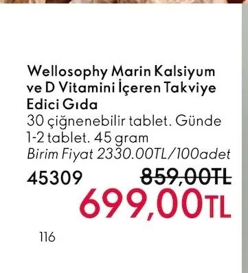 Wellosophy Marin Kalsiyum Ve D Vitamini İçeren Takviye Edici Gıda 30 Çiğnenebilir Tablet