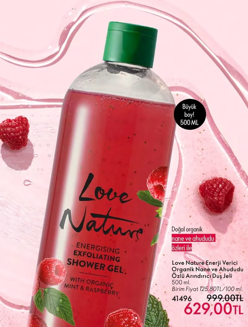 Love Nature Enerji Verici Organik Nane Ve Ahududu Özlü Arındırıcı Duş Jeli 500 Ml