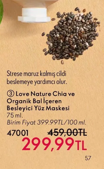 Love Nature Chia Ve Organik Bal İçeren Besleyici Yüz Maskesi 75 Ml