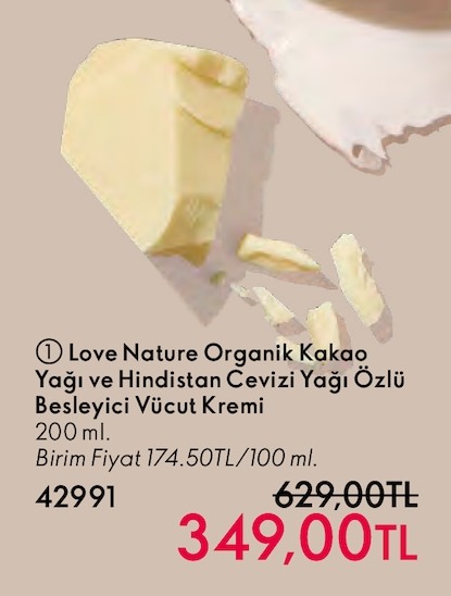 Love Nature Organik Kakao Yağı Ve Hindistan Cevizi Yağı Özlü Besleyici Vücut Kremi 200 Ml