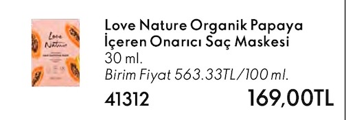 Love Nature Organik Papaya Içeren Onarıcı Saç Maskesi 30 Ml