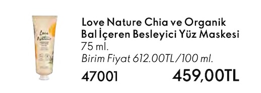 Love Nature Chia Ve Organik Bal Içeren Besleyici Yüz Maskesi 75 Ml