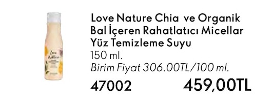 Love Nature Chia Ve Organik Bal Içeren Rahatlatıcı Micellar Yüz Temizleme Suyu 150 Ml